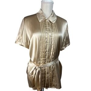 Alfani Gold Satin Short Sleeve Blouse w/ Belt Collared Pleated Elegant Party Top